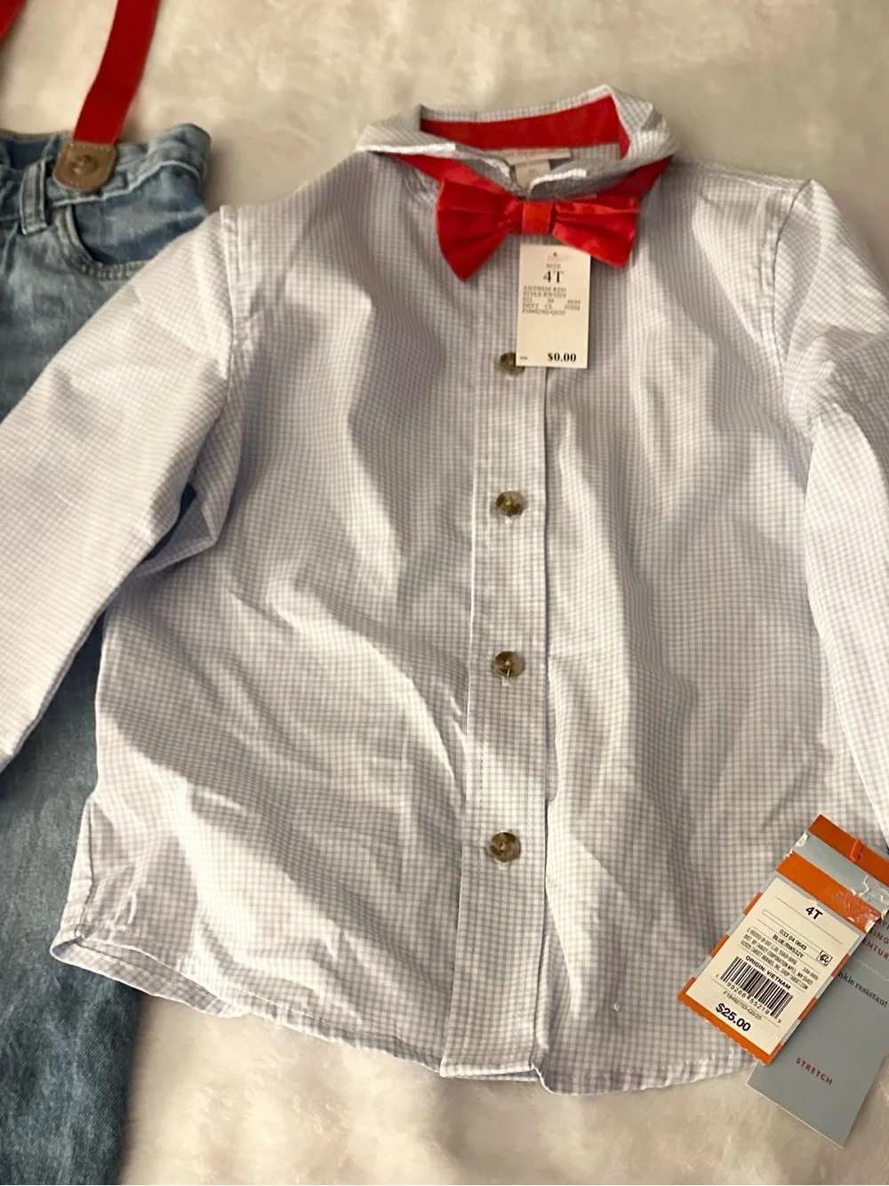 Cat & Jack Light Blue Button-Up Shirt with Light Wash Jeans and Red Suspenders